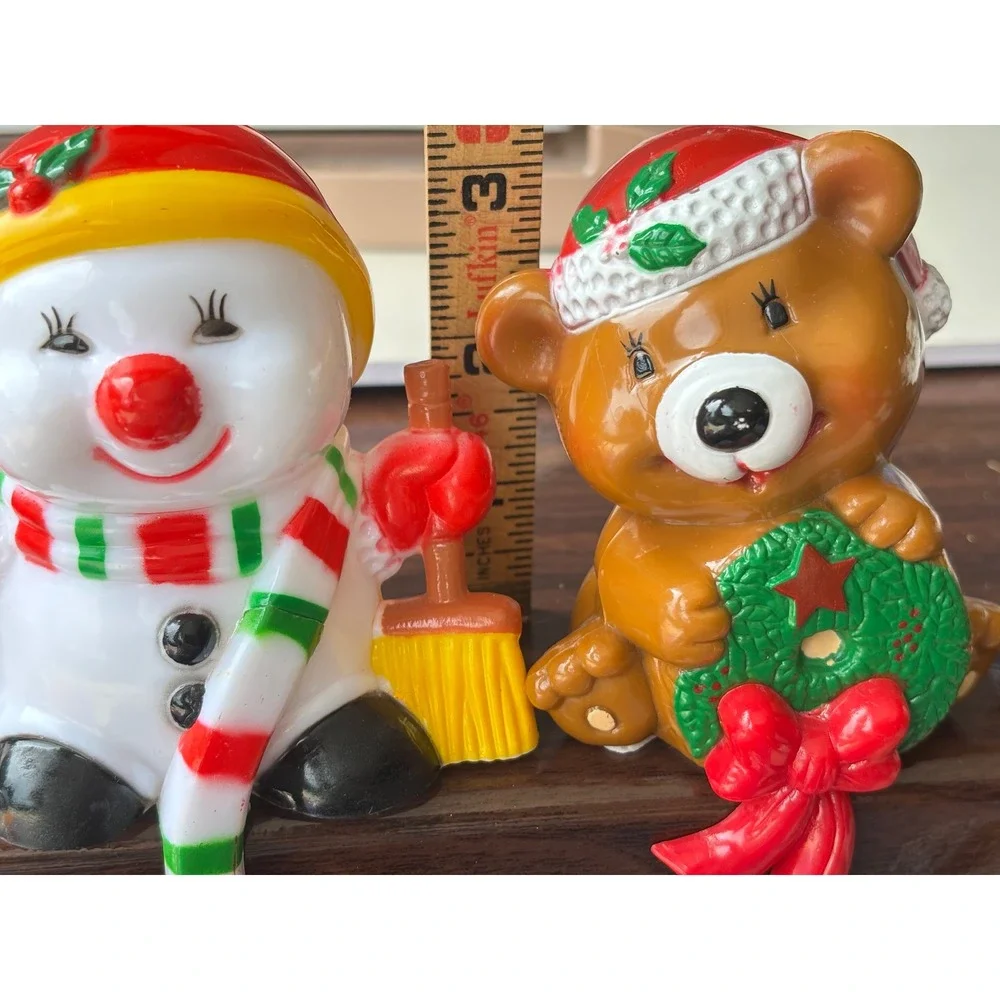 Vintage 1985 Future Christmas Stocking Holders Snowman Bear Mantel Hangers Set 2